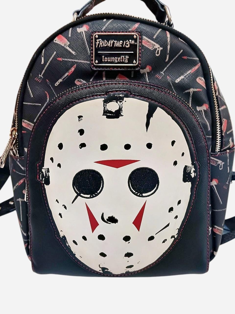 Loungefly Black & White Friday the 13th Mini Backpack with Red Accent